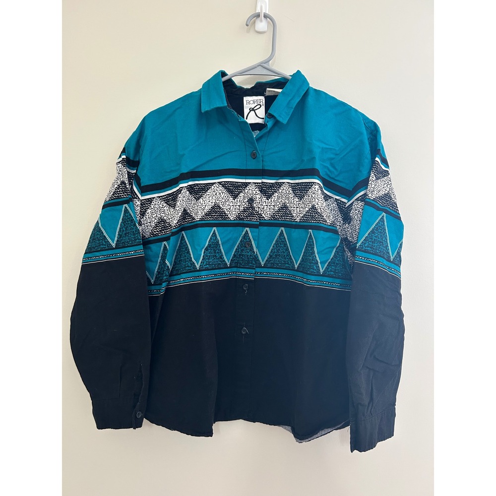 Vintage Roper Western Shirt Large Teal Black Aztec Geometric Button Down USA